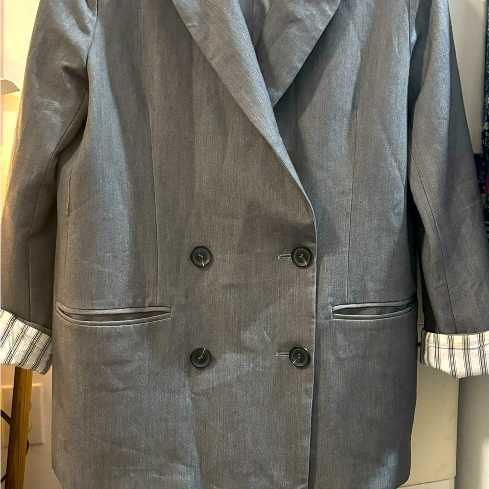 ANGELES dbl breasted, pockets, cuff sleeves, lined grey, no size (lg?)